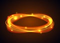 Vector magic gold circle. Glowing fire ring trace on black background. Ellipse line with flying sparkling flash lights Royalty Free Stock Photo