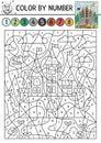 Vector Magic kingdom color by number activity with castle. Fairytale counting game with cute fantasy forest landscape and king