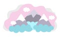 Vector magic mountains landscape. Fairytale world concept with hills and clouds on pink background. Fantasy outdoor illustration.