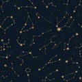 Vector magic seamless pattern with constellations and stars. Royalty Free Stock Photo