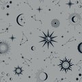 Vector magic seamless pattern with constellations, sun, moon, magic eyes, clouds and stars. Royalty Free Stock Photo