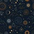 Vector magic seamless pattern with constellations, sun, moon, magic eyes, clouds and stars. Royalty Free Stock Photo