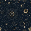 Vector magic seamless pattern with constellations, zodiac wheel, sun, moon, magic eyes, clouds and stars.