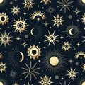 Vector magic seamless pattern with gold sun, moon and stars.