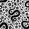 Vector magic seamless pattern with snakes, flowers and leaves. Black natural botanical repeat texture.