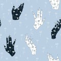 Vector Magical Hands with Chamomile Drawings Lineart on Blue seamless pattern background. Perfect for fabric, wallpaper