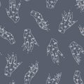 Vector Magical Hands with Chamomile Drawings Lineart on Dark Dusty Blue seamless pattern background. Perfect for fabric