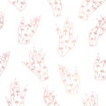 Vector Magical Hands with Chamomile Drawings Lineart and Rose Gold Effect seamless pattern background. Perfect for