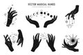 Vector magical hands set of logo template. Linear style, minimal design. Planets, moon phases, sun and stars. Esoteric