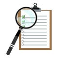 Vector magnifyer glass searching checklist clipboard with green checkbox illustration concept