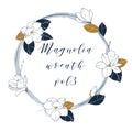 Vector magnolia wreath in deep blue and bronze colors. Hand draw illustartion with magnolia flowers,buds and leaves.Template for y