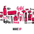 Vector Makeup background. Glamorous makeup collection with nail polish and lipstick.