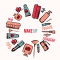 Vector Makeup background. Glamorous makeup collection with nail polish and lipstick. Royalty Free Stock Photo