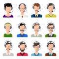 Vector male and female call center avatars in a flat style with a headset, conceptual of business communication. Avatars with a Royalty Free Stock Photo