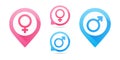 Vector male and female icon set. Man and woman icon. Venus and Mars signs. Map pointers