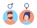 Vector male and female icon set. User avatar. Man and lady toilet sign. Sex symbol. Gender icon. Boy and girl pictogram.