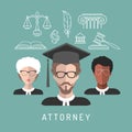 Vector male and female lawyer app icons with attorney symbols in flat style. Advocate man and woman faces avatars signs. Royalty Free Stock Photo