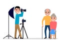 Vector male photographer takes photo grandparents