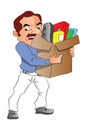 Vector of man carrying carton full of office supplies