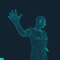 Vector man with hand up to stop. Human showing stop gesture. 3D model of man. 3D vector illustration