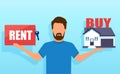 Vector of a man making a decision to rent or buy a house Royalty Free Stock Photo