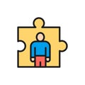 Vector man in a puzzle, recruitment and hiring flat color line icon.