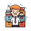 Vector of a man standing in front of a stack of files, representing organization and productivity