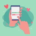 Vector man type I love You on phone screen. Love sms for Valentine Day 14 february heart sign icon illustration