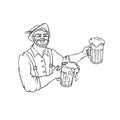 Vector man waiter in national costume with mugs beer. Symbol of holiday Oktoberfest. Isolated black white contour sketch