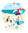 Vector man and woman rest having picnic on beach Royalty Free Stock Photo