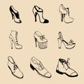 Vector man and woman shoes set. Footwear collection in sketch style. Royalty Free Stock Photo