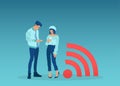 Vector of a man and woman using smartphones standing by rss symbol Royalty Free Stock Photo