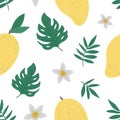 Vector mango seamless pattern. Jungle fruit repeat background. Hand drawn flat exotic texture. Bright childish healthy tropical Royalty Free Stock Photo