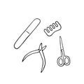 Vector manicure-pedicure set with nail polish, scissors, manicure tweezer clipper, pedicure spacer. Hand drawn doodle vector Royalty Free Stock Photo