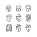 Vector mans faces, Doodle portraits of men Funny avatars. Collection of hand-drawn trendy hipster men. Coloring book