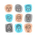 Vector mans faces, Doodle portraits of men. Funny doodle avatars. Collection of hand-drawn trendy hipster men