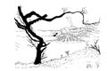 Vector Manual Draw Sketch, dead tree and big mountain