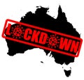 Vector map of Australia with a red LOCKDOWN badge as consequence of strict coronavirus precautions