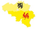 Vector map of Belgium with the three regions Flemish, Wallonia and the capital Brussels in flag shape