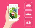 Vector Map on Cellphone. Travel by Car, Bicycle and Bus Royalty Free Stock Photo