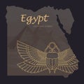 Vector map of Egypt with a background illustration of the pyramids and the image of a scarab beetle with the sun in its Royalty Free Stock Photo