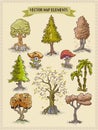 Vector map elements, colorful, hand draw - trees and vegetation design stock elements Royalty Free Stock Photo