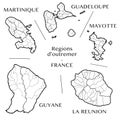 Vector map of the French overseas regions with Martinique, Guadeloupe, Mayotte, La Reunion, and French Guiana, France Royalty Free Stock Photo