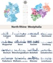 Vector map of Germany with state Norrth Rhine-Westphalia map separately with largest cities skylines icons in tints of blue color