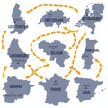 Vector map of Luxembourg, Belgium, France, the Netherlands, Portugal, Spain, Liechtenstein , Andorra and Switzerland