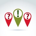 Vector map pointer with a question and exclamation marks. FAQ, c