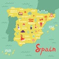 Vector map of Spain with landmarks, people, food and plants.