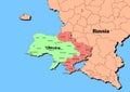Vector map of Ukraine with regions Crimea, Donetsk, Luhansk, Chernihiv, Kharkiv, Kherson, Sumy, Zaporizhzhya and Russia map