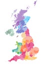 Vector map of United Kingdom administrative divisions colored by countries and regions. Districts and counties map of England, Wal Royalty Free Stock Photo