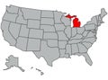 Vector map of the United States of America. State Michigan illustration in gray color. Highlighted in red territory of the US. Royalty Free Stock Photo
